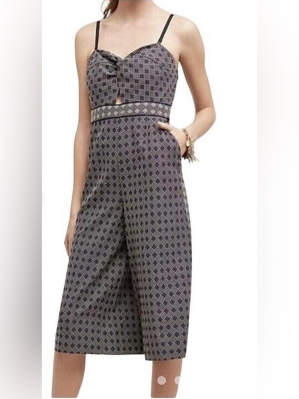 Elevenses for Anthropologie Navy & cream cross stitch cropped wide leg jumpsuit